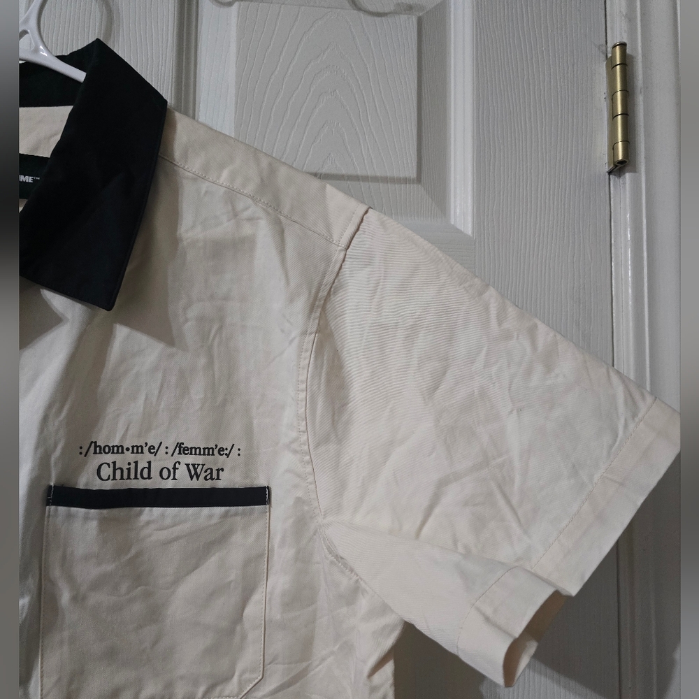 Homme + Femme Child Of War Short Sleeve Collared Button Down Cotton Shirt, EUC! - Picture 4 of 11
